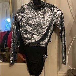 Sequin matte silver bodysuit open back